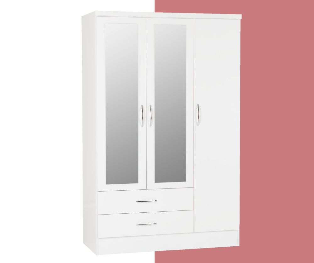 Seconique Nevada White Gloss 3 Door 2 Drawer Wardrobe