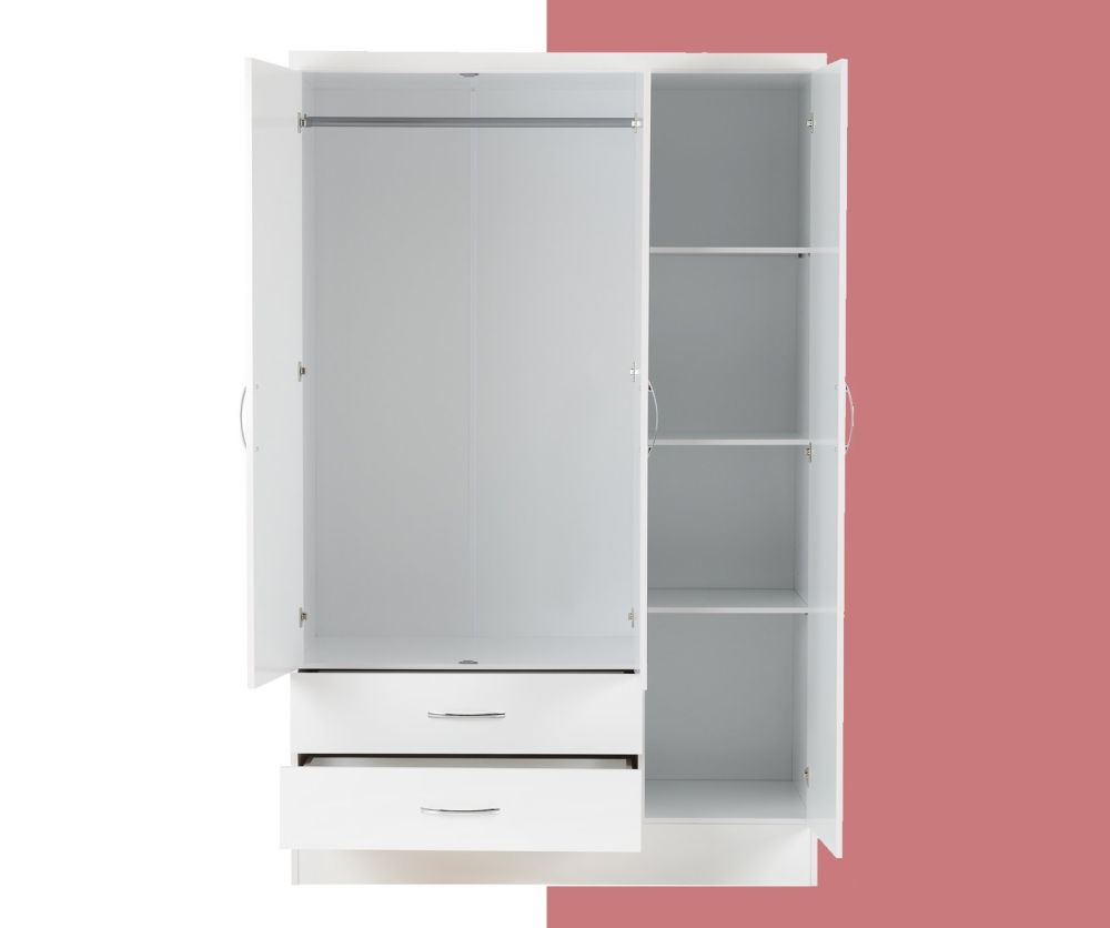 Seconique Nevada White Gloss 3 Door 2 Drawer Wardrobe