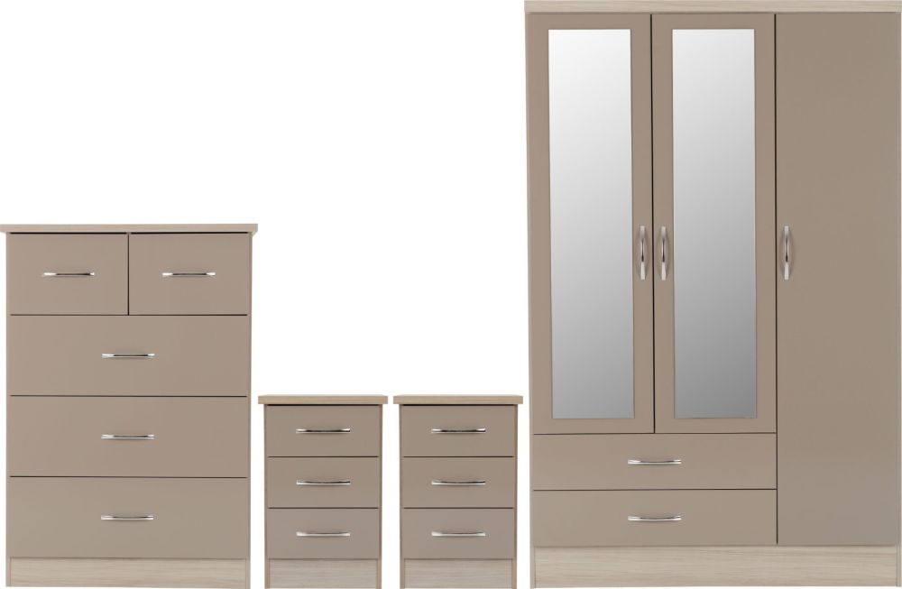 Seconique Furniture Nevada Oyster Gloss and Light Oak Effect Veneer 3 Door 2 Drawer Mirrored Wardrobe Bedroom Set