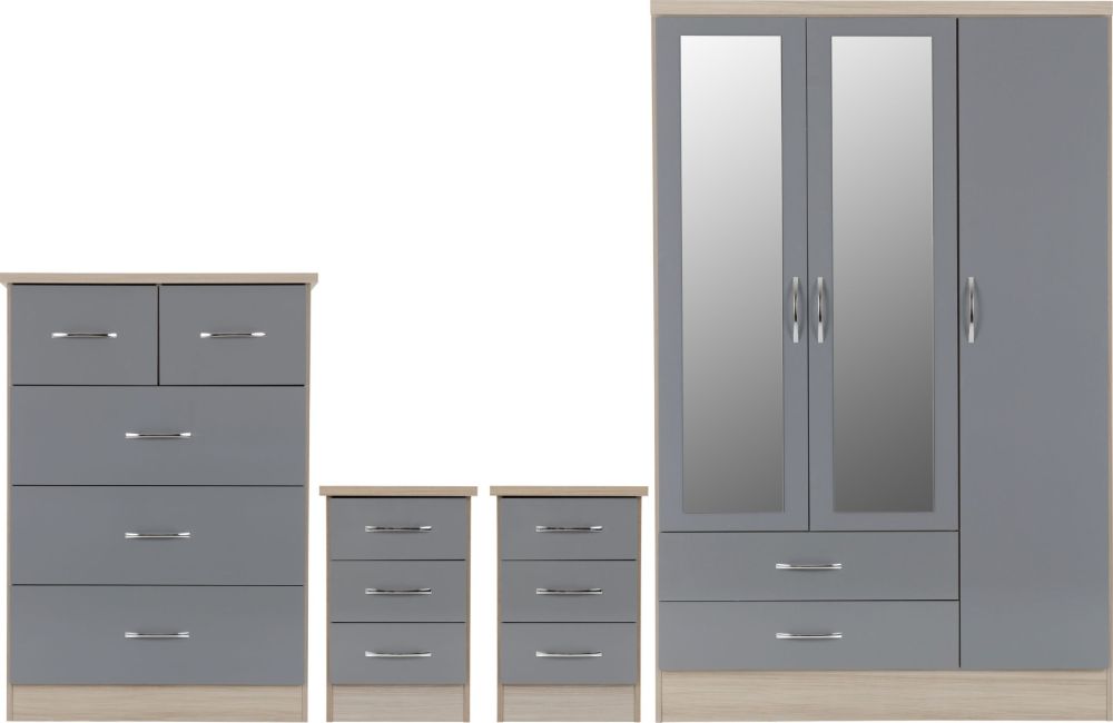 Seconique Furniture Nevada Grey Gloss and Light Oak Effect Veneer 3 Door 2 Drawer Mirrored Wardrobe Bedroom Set