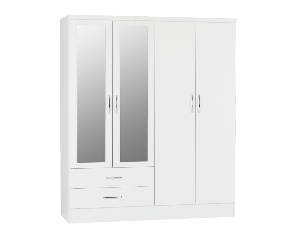 Seconique Nevada White Gloss 4 Door 2 Drawer Wardrobe