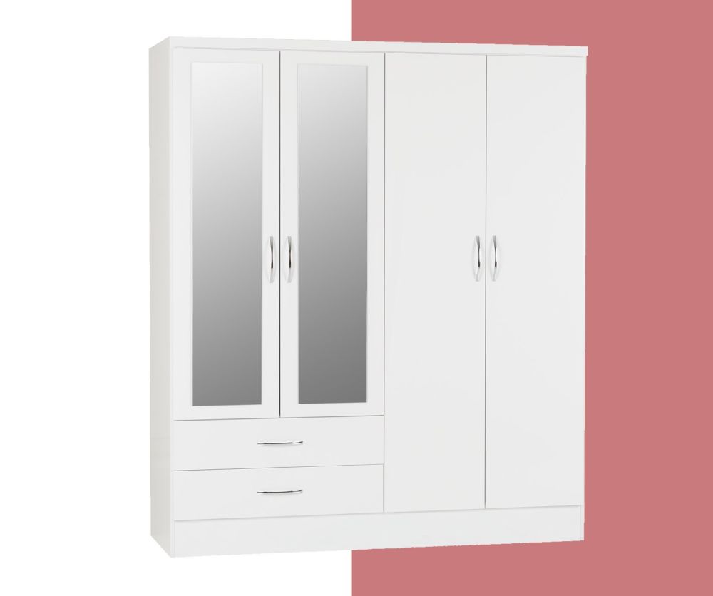 Seconique Nevada White Gloss 4 Door 2 Drawer Wardrobe