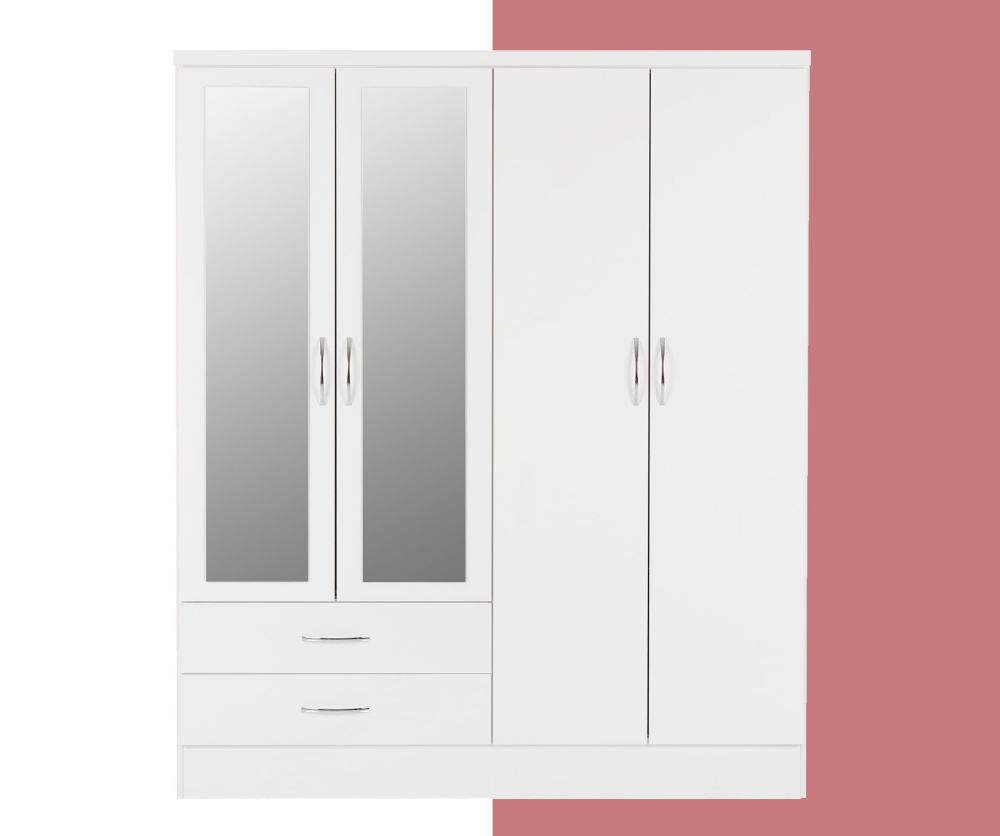 Seconique Nevada White Gloss 4 Door 2 Drawer Wardrobe