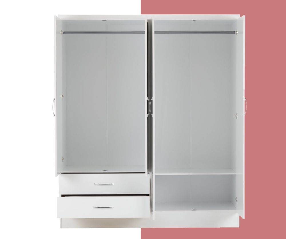 Seconique Nevada White Gloss 4 Door 2 Drawer Wardrobe