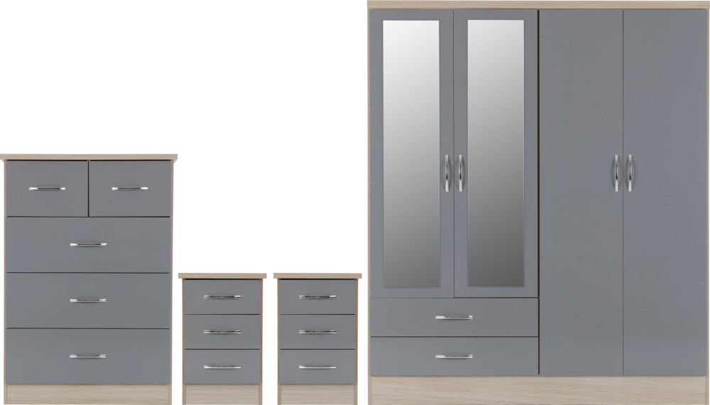Seconique Furniture Nevada Grey Gloss and Light Oak Effect Veneer 4 Door 2 Drawer Mirrored Wardrobe Bedroom Set