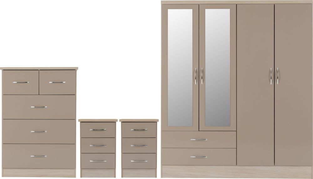 Seconique Furniture Nevada Oyster Gloss and Light Oak Effect Veneer 4 Door 2 Drawer Mirrored Wardrobe Bedroom Set