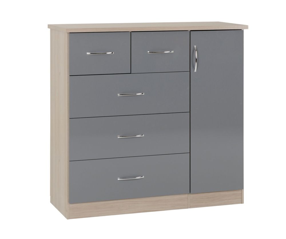 Seconique Nevada Grey Gloss and Light Oak 5 Drawer Low Wardrobe