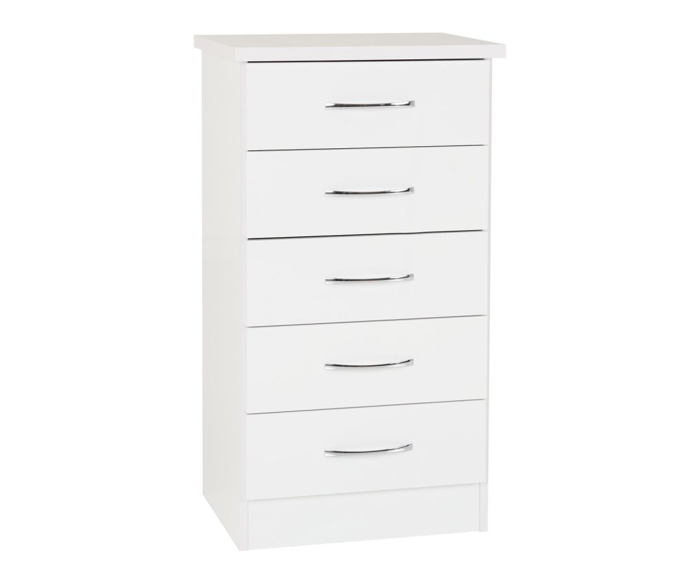 Seconique Nevada White Gloss 5 Drawer Narrow Chest