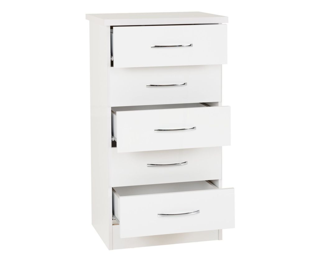 Seconique Nevada White Gloss 5 Drawer Narrow Chest
