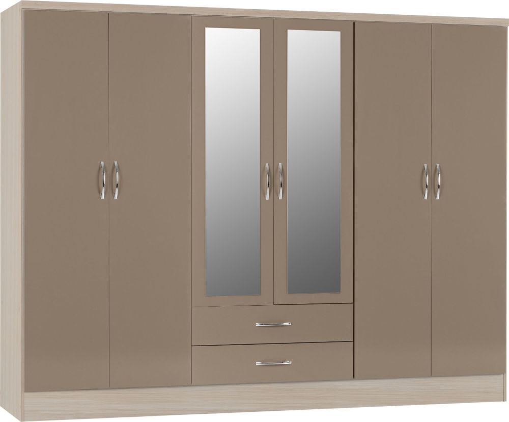 Seconique Furniture Nevada Oyster Gloss and Light Oak Effect Veneer 6 Door 2 Drawer Combi Wardrobe with Mirror