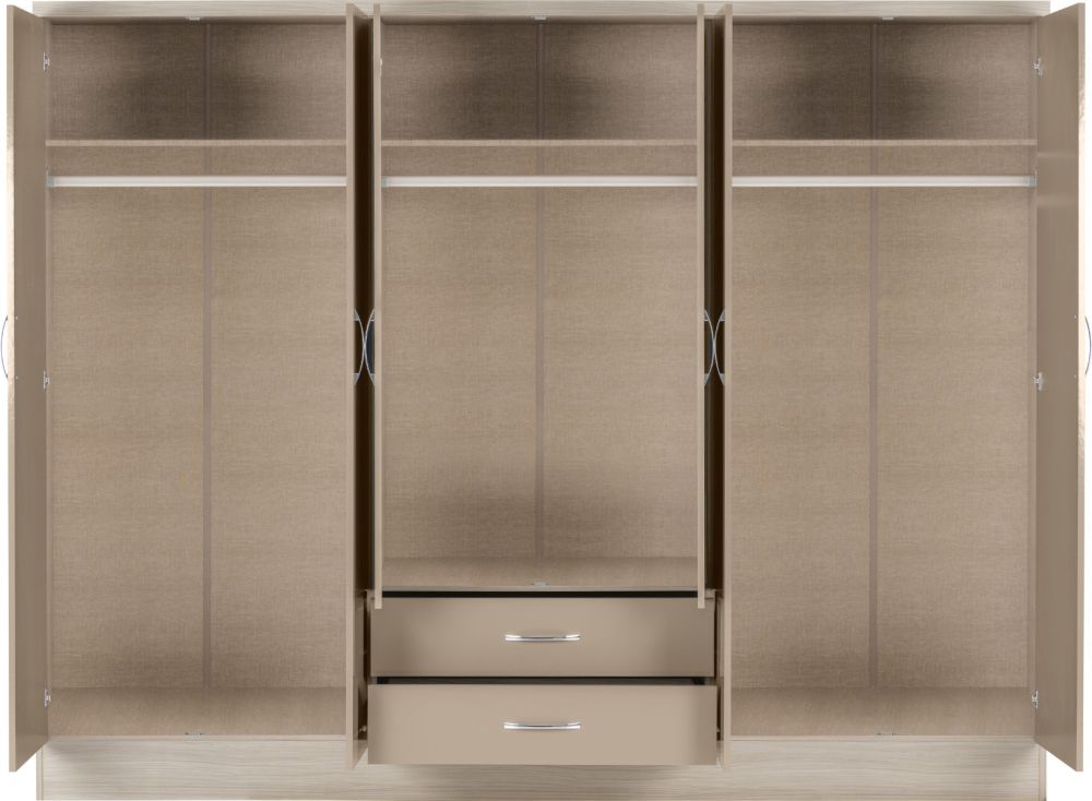 Seconique Furniture Nevada Oyster Gloss and Light Oak Effect Veneer 6 Door 2 Drawer Combi Wardrobe with Mirror