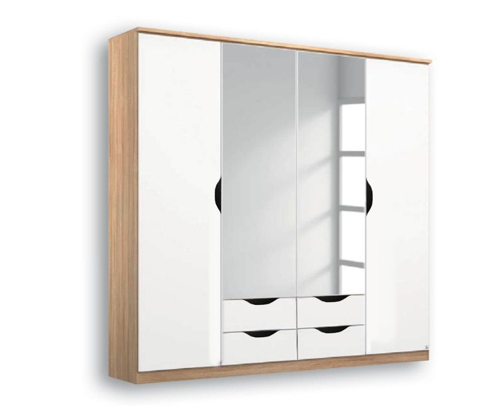 Rauch Arnstein Alpine White Carcase with White Front 4 Door 2 Mirror Combi Wardrobe with Drawer