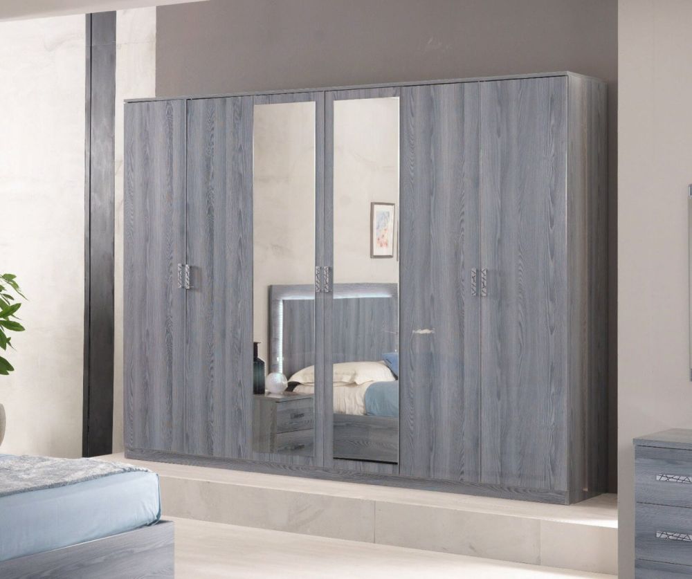 Ben Company Nicole Grey Finish Italian Bedroom Set with 6 Door Wardrobe