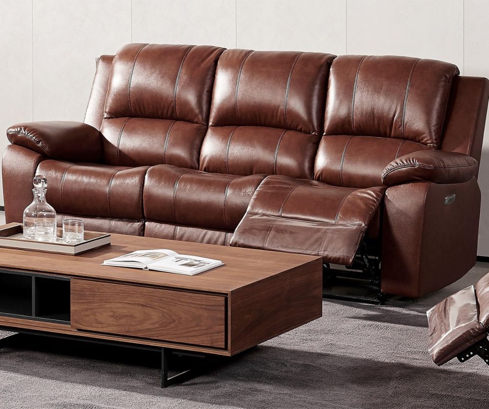 World Furniture Pellini Dark Tan Leather Electric Recliner 3 Seater Sofa