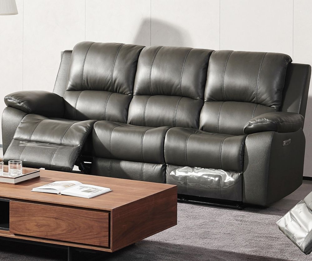  World Furniture Pellini Grey Leather Electric Recliner 3 Seater Sofa