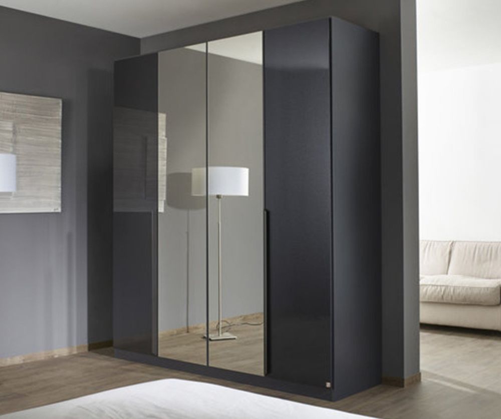 Rauch Modern Quadra Spin Alpine White Carcase with White Glass Front 4 door 2 Mirror Hinged Wardrobe