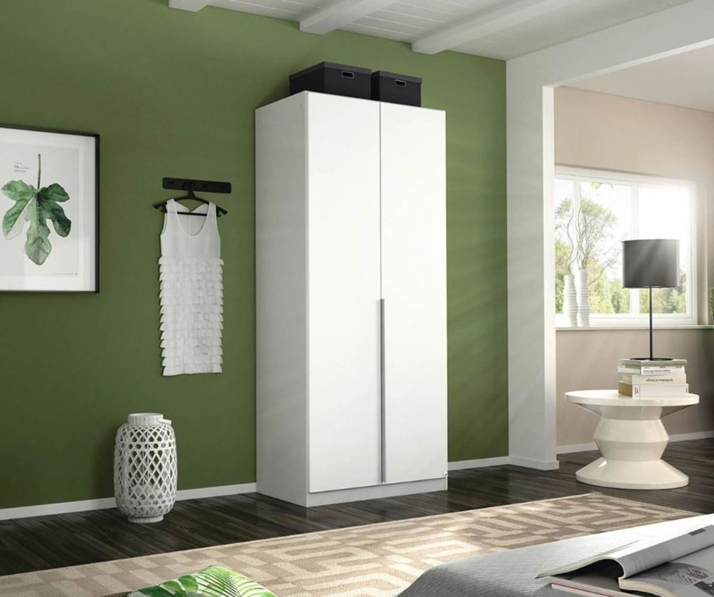 Rauch Alabama Alpine White Carcase with High Polish White Front 2 Door Hinged Wardrobe