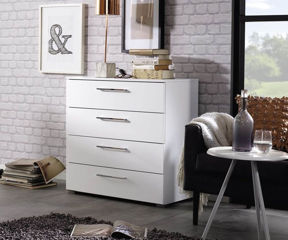 Rauch Aldono Alpine White Carcase with White high polish Front 4 Drawer Chest- W 80cm