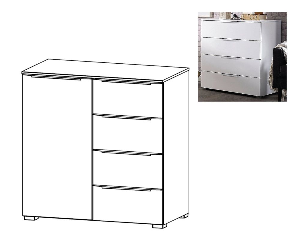 Rauch Aldono Deluxe Alpine White Carcase 1 Left Door Wide 4 Drawer Chest- W 80cm