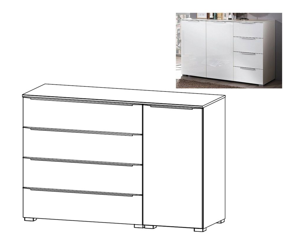 Rauch Aldono Deluxe Alpine White Carcase with Crystal White Glass Front 1 Right Door 4 Drawer Chest- W 120cm
