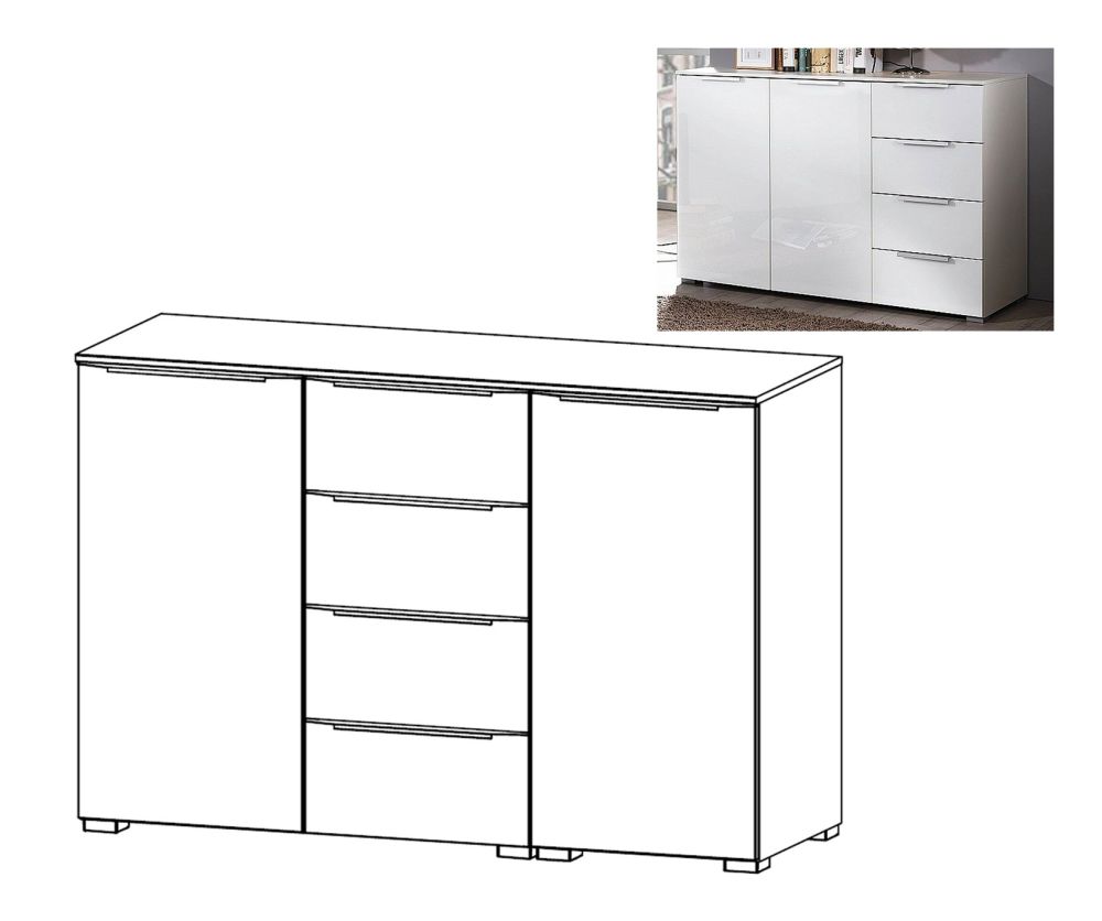 Rauch Aldono Deluxe Alpine White Carcase with Crystal White Glass Front 2 Door 4 Drawer Chest- W 120cm