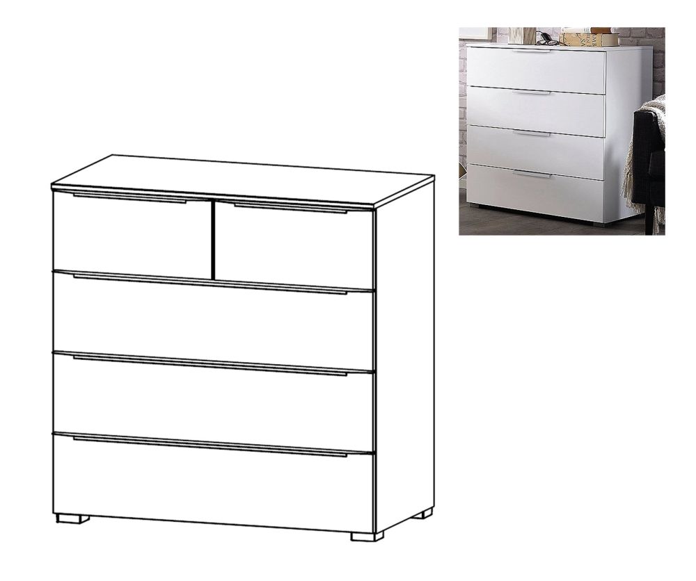 Rauch Aldono Deluxe Alpine White Carcase with Silk Grey Glass Front 5 Drawer Chest- W 80cm