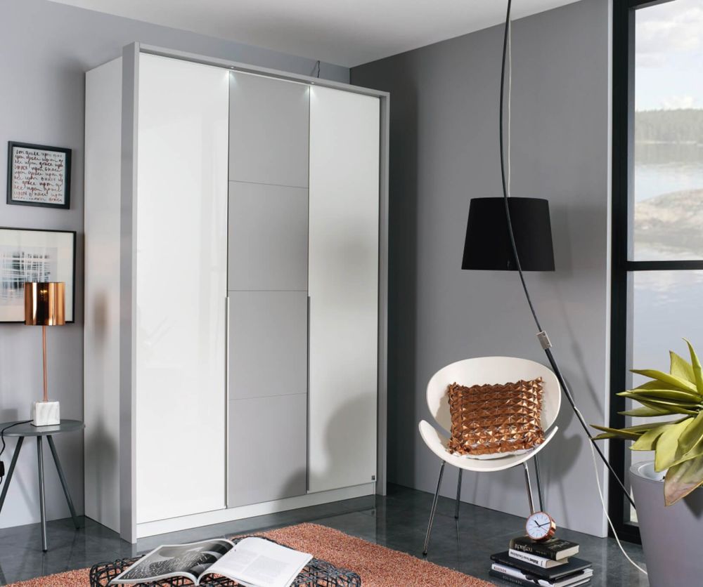 Rauch Bellezza Alpine White with High Polish White 3 Door Wardrobe with Silk Grey Application (W141cm)