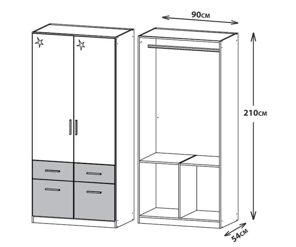 Rauch Celle Extra Sonoma Oak with High Gloss White 2 Door 4 Drawer Full Hanging Wardrobe (W91cm)