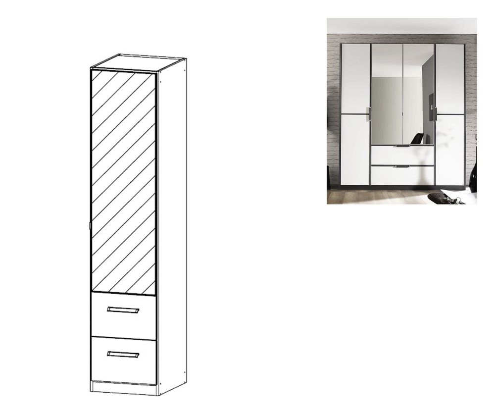 Rauch Essensa Metallic Grey with Alpine White 1 Mirror Door 2 Drawer Wardrobe with Chrome Coloured Long Handle with Vertical and Horizontal Trims (W47cm)
