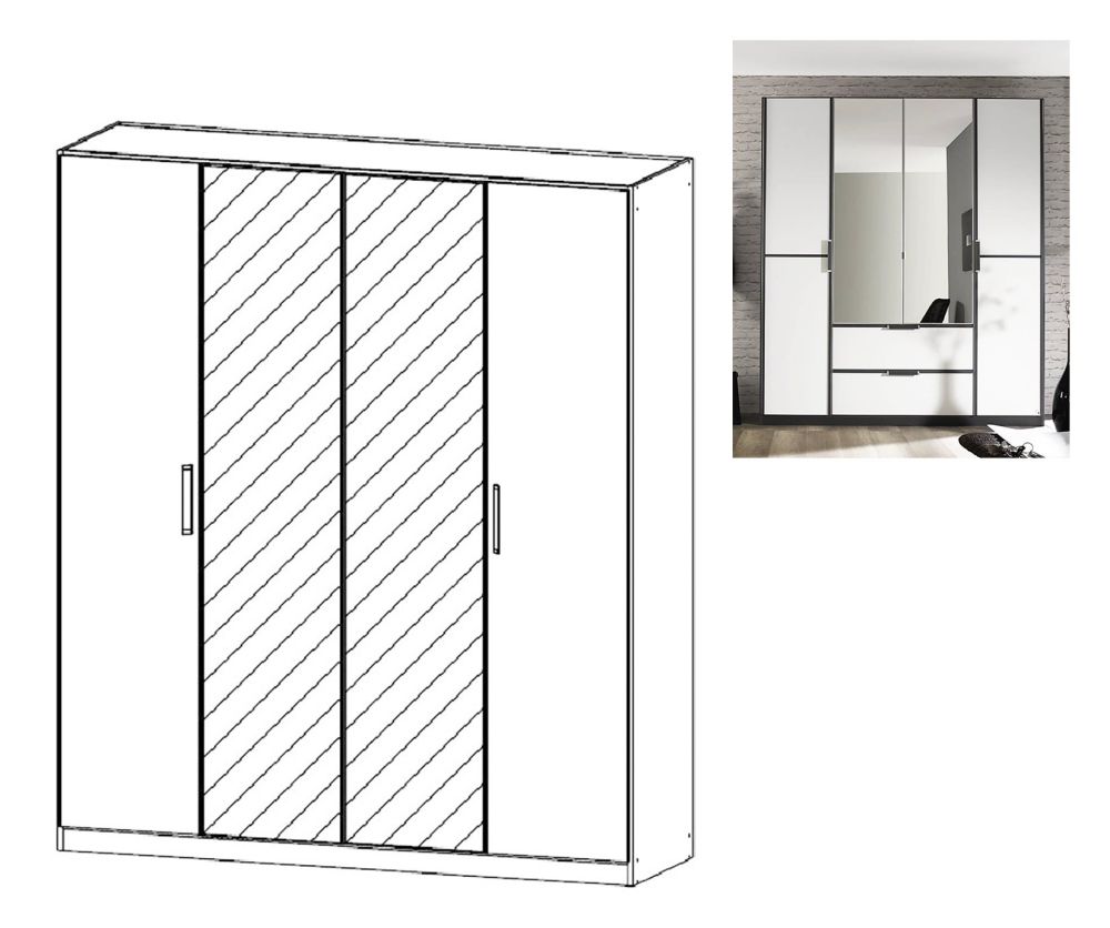 Rauch Essensa Metallic Grey with Alpine White 4 Door Wardrobe with Chrome Coloured Short Handle with Vertical and Horizontal Trims (W181cm)