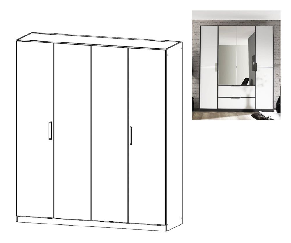 Rauch Essensa Metallic Grey with Alpine White 4 Door Wardrobe with Carcass Coloured Short Handle with Vertical and Horizontal Trims (W181cm)