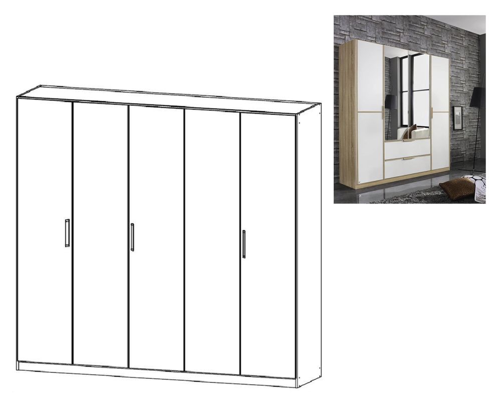 Rauch Essensa Sonoma Oak with Alpine White 5 Door Wardrobe with Chrome Coloured Long Handle with Vertical and Horizontal Trims (W226cm)