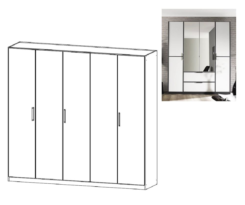 Rauch Essensa Metallic Grey with Alpine White 5 Door Wardrobe with Carcass Coloured Short Handle with Vertical and Horizontal Trims (W226cm)