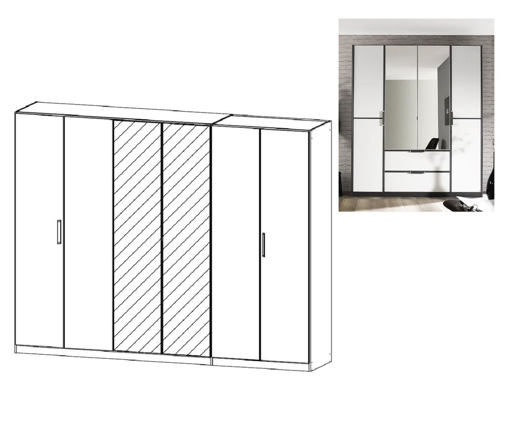 Rauch Essensa Metallic Grey with Alpine White 6 Door 2 Drawer Wardrobe with 2 Mirror Chrome Coloured Long Handle with Vertical and Horizontal Trims (W271cm)