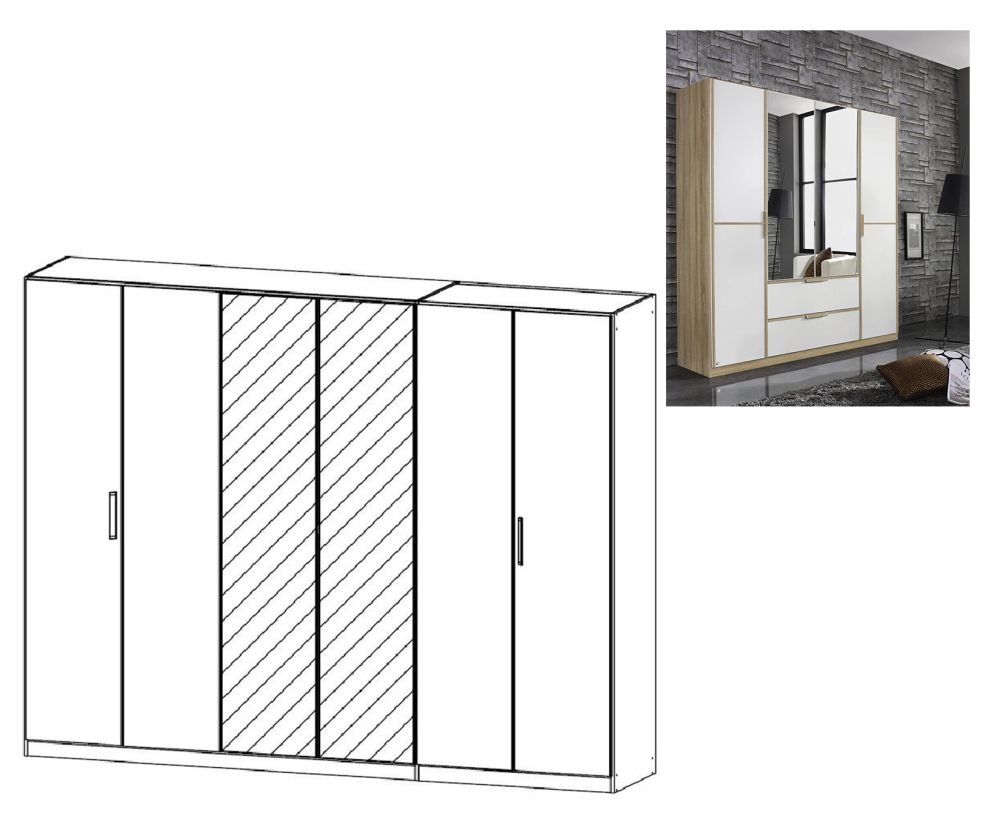 Rauch Essensa Sonoma Oak with Alpine White 6 Door 2 Drawer Wardrobe with 2 Mirror Chrome Coloured Short Handle with Vertical and Horizontal Trims (W271cm)
