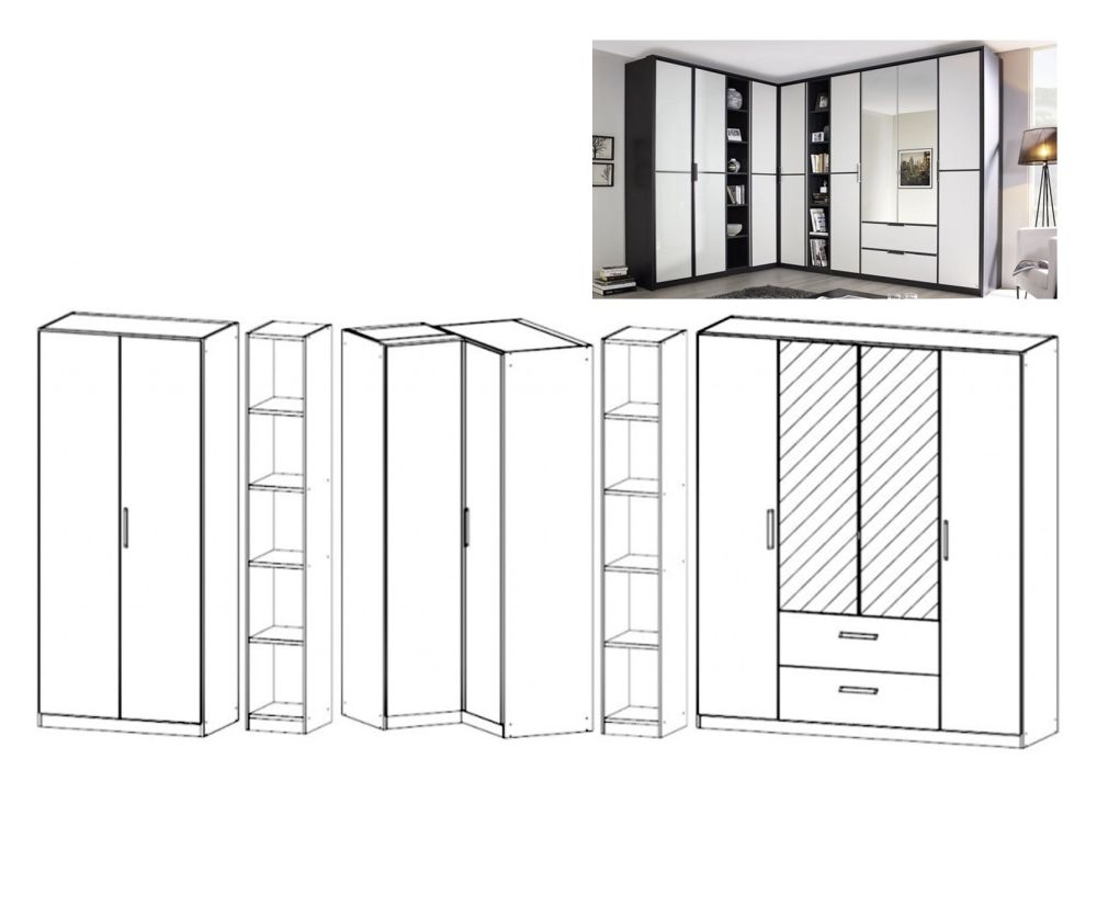 Rauch Essensa Metallic Grey with Alpine White L Shaped Folding Wardrobe with Vertical and Horizontal Trims and Chrome Coloured Handle (W438cm)