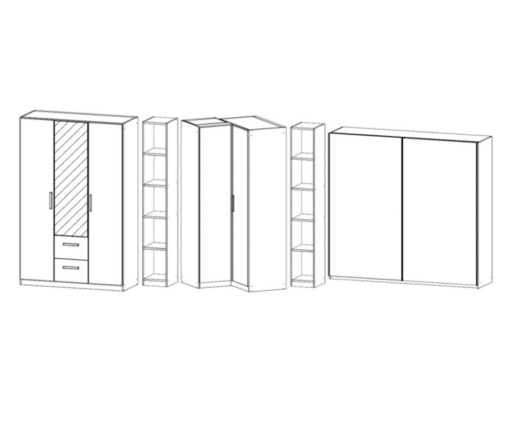 Rauch Essensa Sonoma Oak with White Glass L Shaped Folding Wardrobe with Vertical and Horizontal Trims and Chrome Coloured Handle (W528cm)
