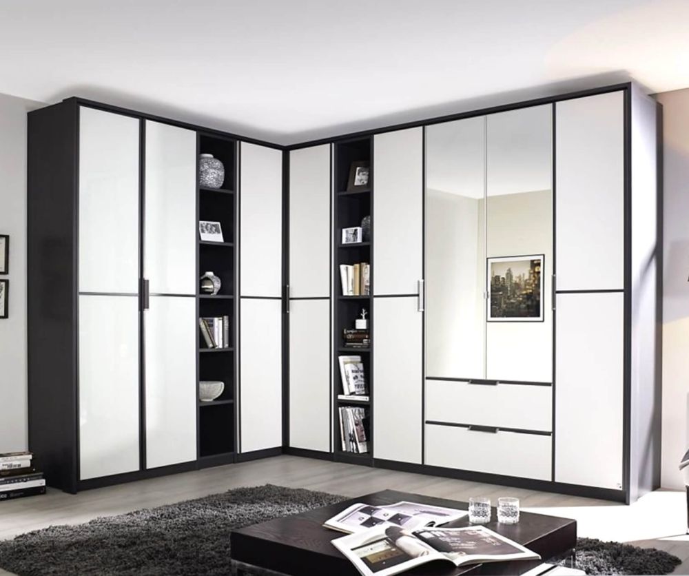 Rauch Essensa Metallic Grey with Alpine White 1 Door Wardrobe with Carcase Coloured Short Handle with Vertical and Horizontal Trims (W47cm)