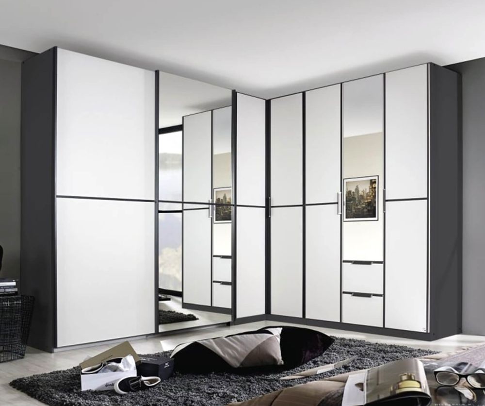 Rauch Essensa Metallic Grey with Alpine White L Shaped Folding Wardrobe with Vertical and Horizontal Trims and Carcass Coloured Handle (W462cm)