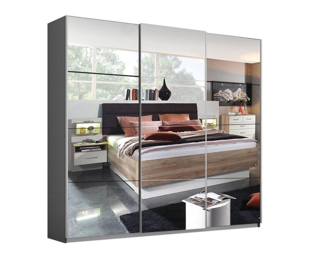 Rauch Kulmbach 3 Sliding Mirror Door Wardrobe with Aluminum Colour Handle Strips(W203cm)