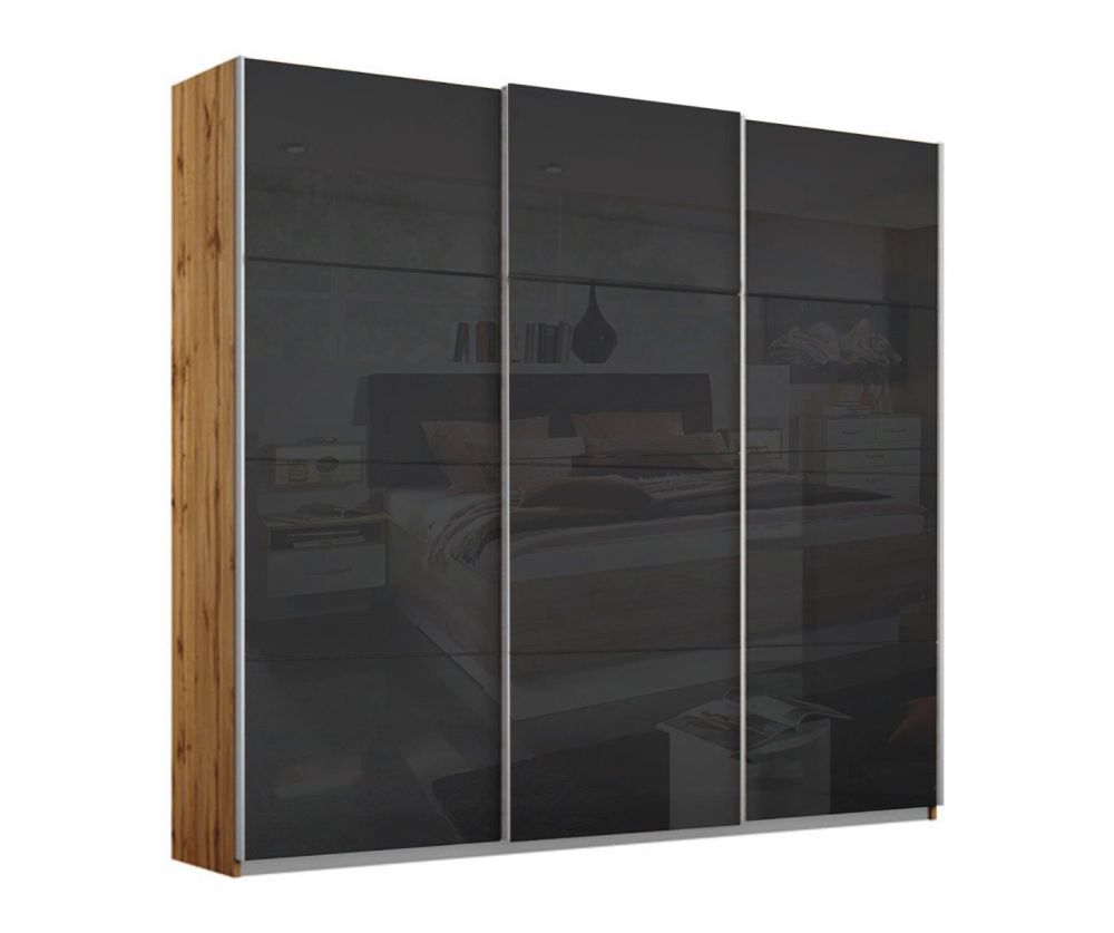 Rauch Kulmbach Black Glass Front 3 Sliding 1 Glass Door Wardrobe with Carcase Colour Handle Strips(W203cm)