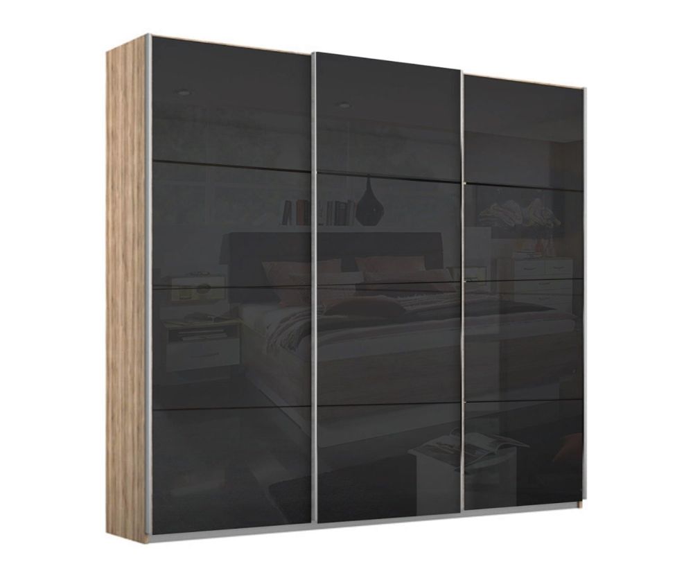 Rauch Kulmbach Black Glass Front 3 Sliding 1 Glass Door Wardrobe with Chrome Colour Handle Strips(W203cm)
