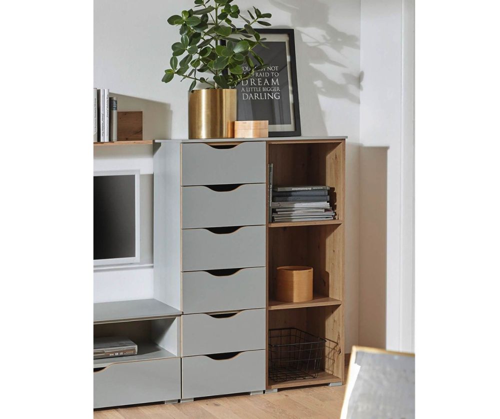 Rauch Lias Silk Grey 6 Drawer Chest with Shelf Unit with Application Artisan Oak Colour