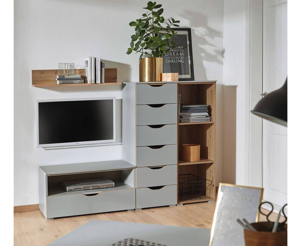 Rauch Lias Silk Grey 6 Drawer Chest with Shelf Unit with Application Artisan Oak Colour