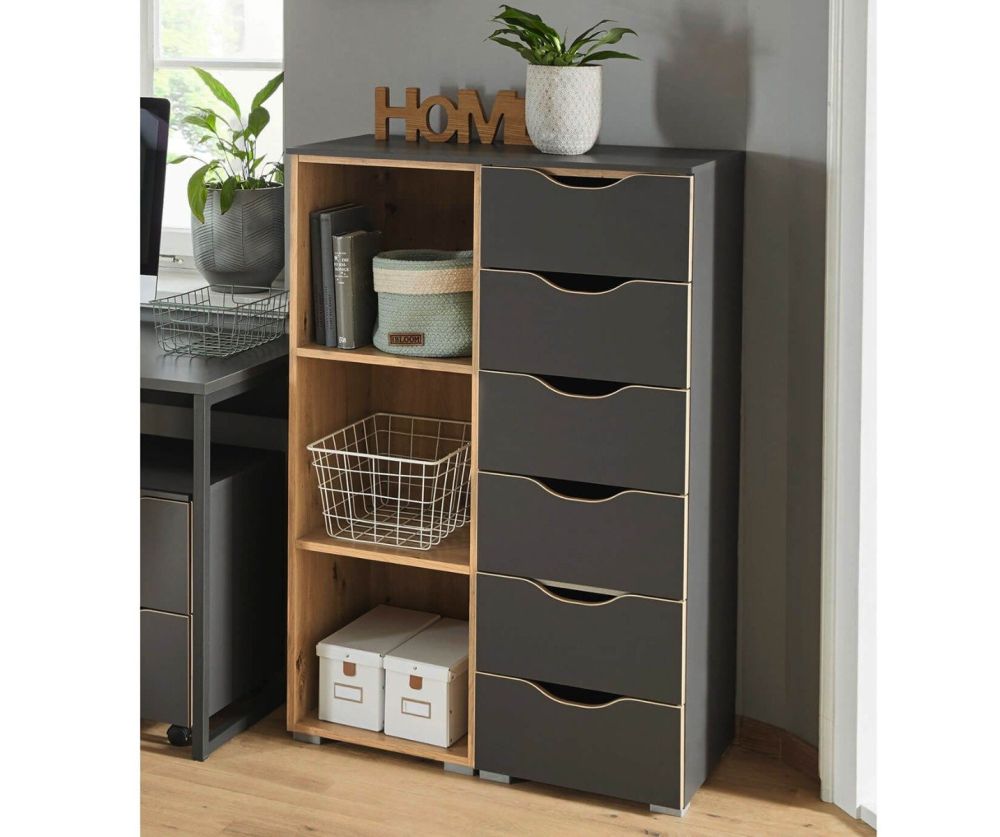 Rauch Lias Graphite 6 Drawer Chest with Shelf Unit with Application Artisan Oak Colour