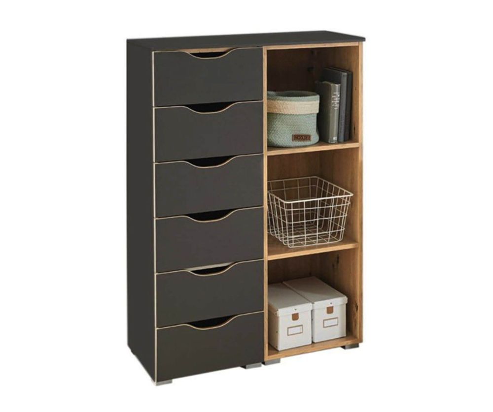 Rauch Lias Graphite 6 Drawer Chest with Shelf Unit with Application Artisan Oak Colour
