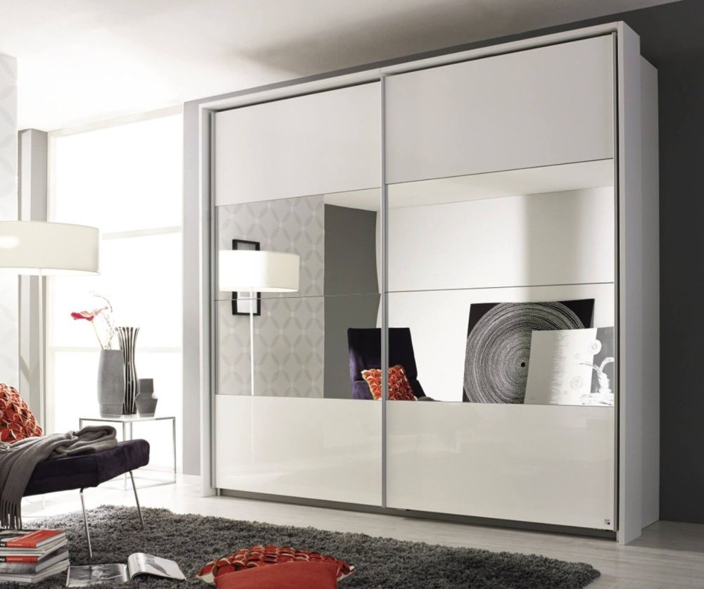 Rauch Quadra White High Polish Front 2 Part Mirror 3 Door Sliding Wardrobe with Aluminum Colour Handle Strips(W315cm)