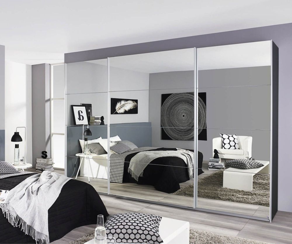 Rauch Quadra Effect Grey High Polish Front 3 Door Sliding Wardrobe with Carcase Colour Handle Strips(W315cm)
