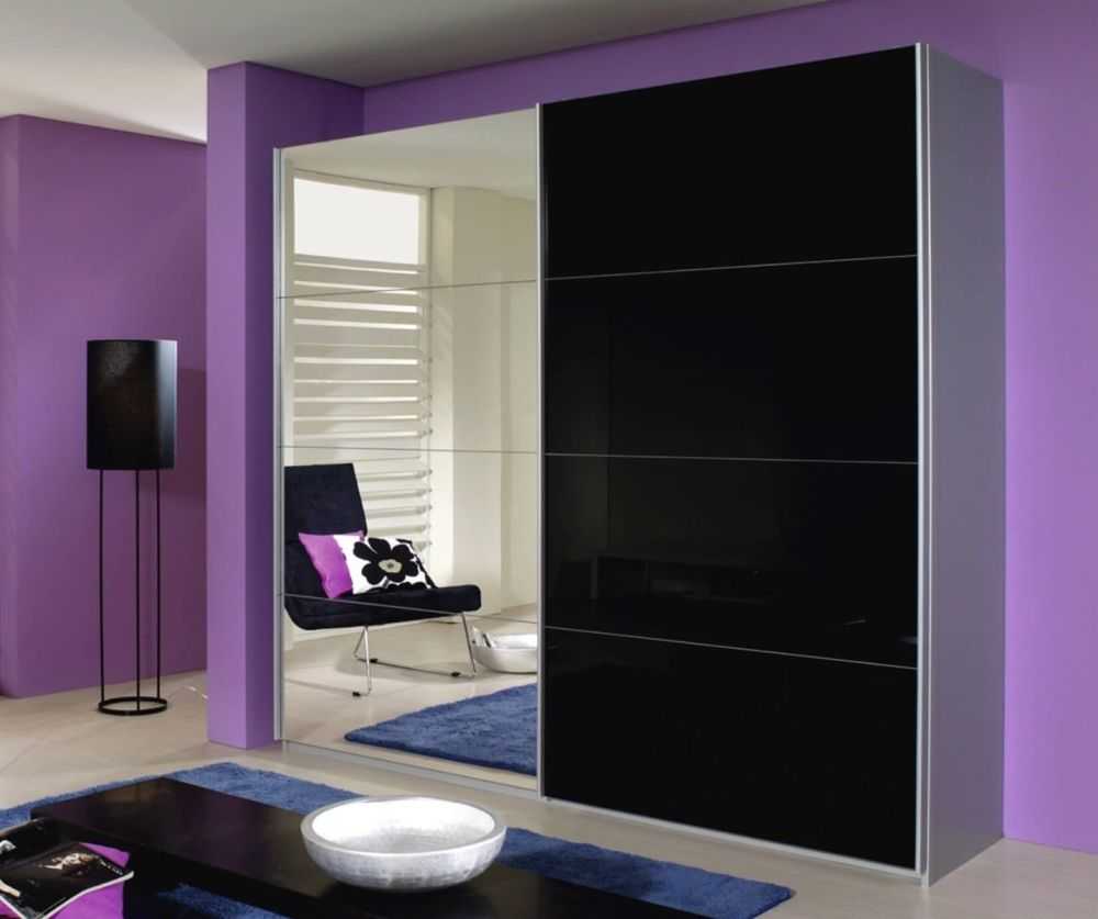 Rauch Quadra Effect Grey High Polish Front 2 Part Mirror 3 Door Sliding Wardrobe with Carcase Colour Handle Strips(W315cm)