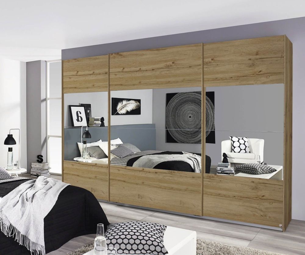 Rauch Quadra 3 Part Mirror Door Sliding Wardrobe with Chrome Colour Handle Strips(W315cm)